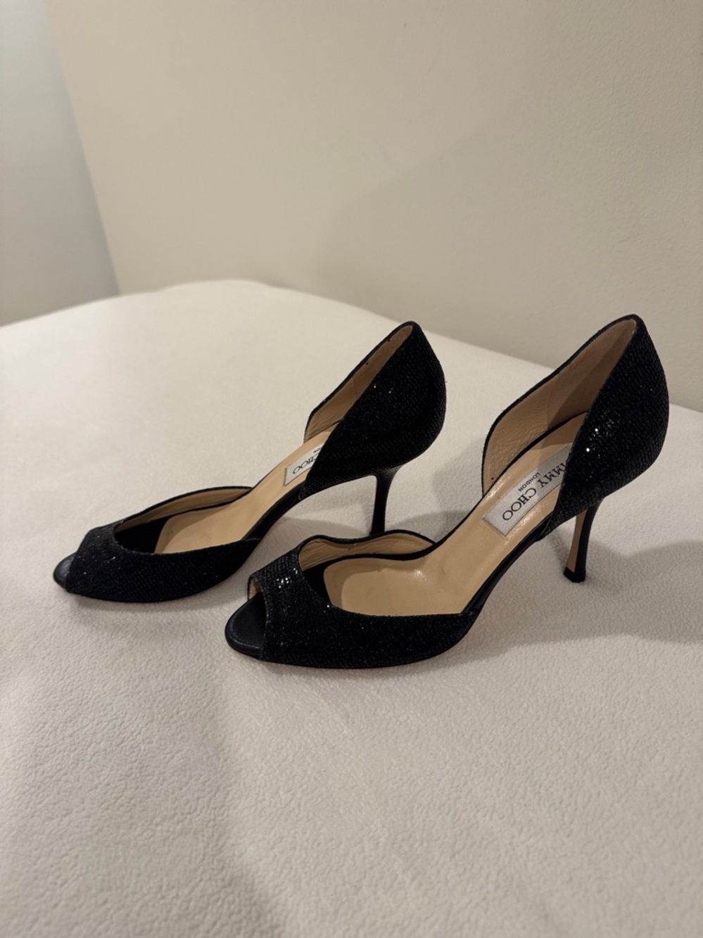 Jimmy Choo Glitter Black Peep Toe Heels - Picture 5 of 5